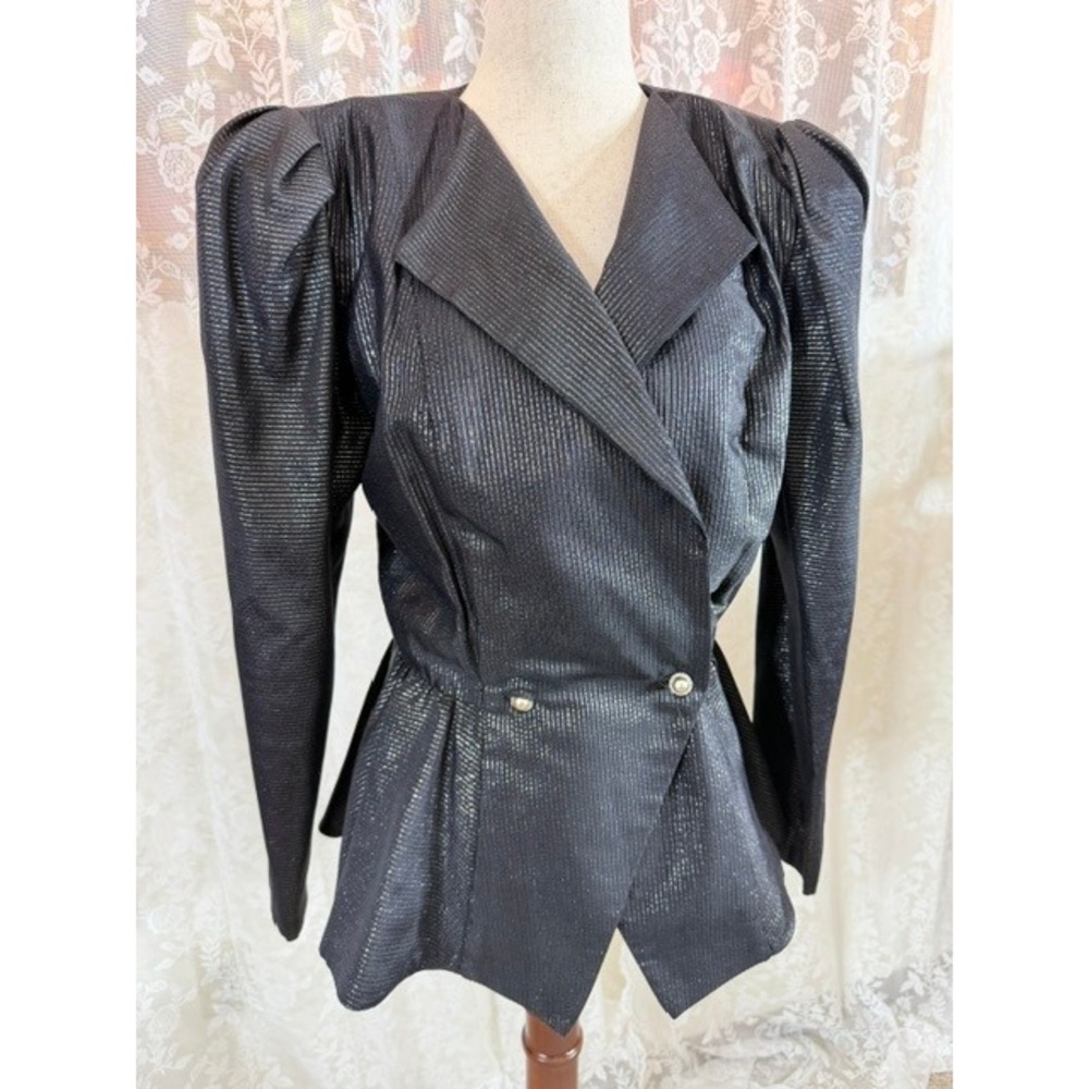 Vintage 80s Black Metallic Pinstripe Peplum Blazer Puffed Shoulder Pearl Button